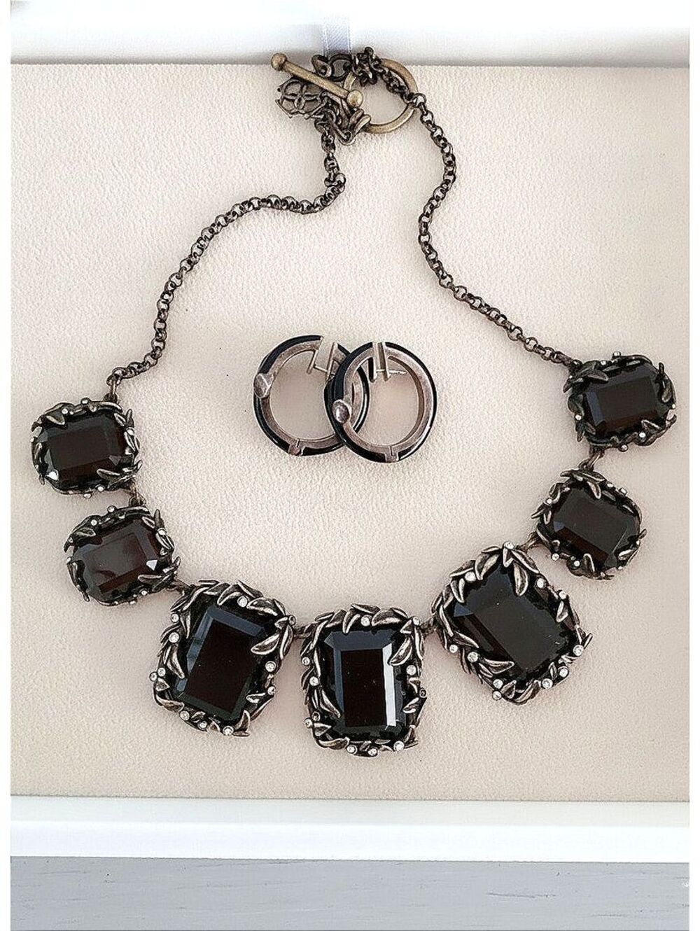 Vintage Bronze Tone Large Rhinestone Statement Necklace with Hoops